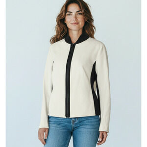 Akris Punto Wool Angora Colorblock Bomber Jacket Zip Front Ivory Black Size 4